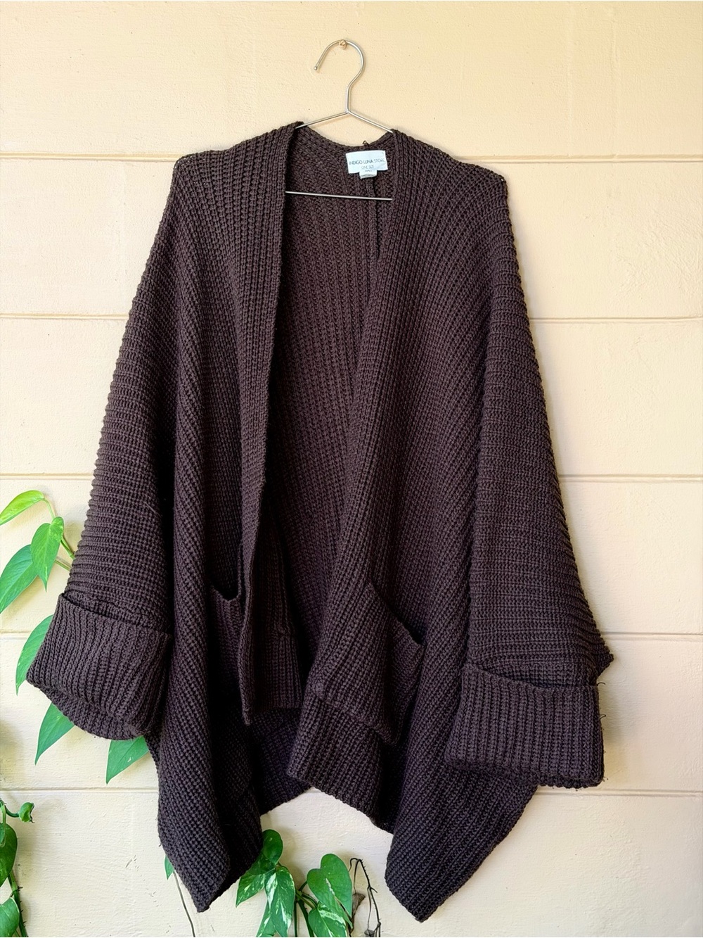 Relaxed Open-Front Knit Cardigan in Dark Brown